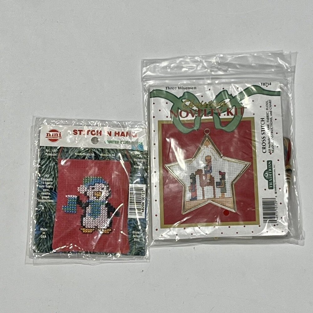 Set Of Two Mini Christmas Ornament Cross Stitch Kits New Three Wisemen Penguin